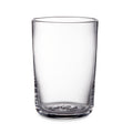 Clear glass tumbler with straight sides and rounded rim, textured base detail visible.