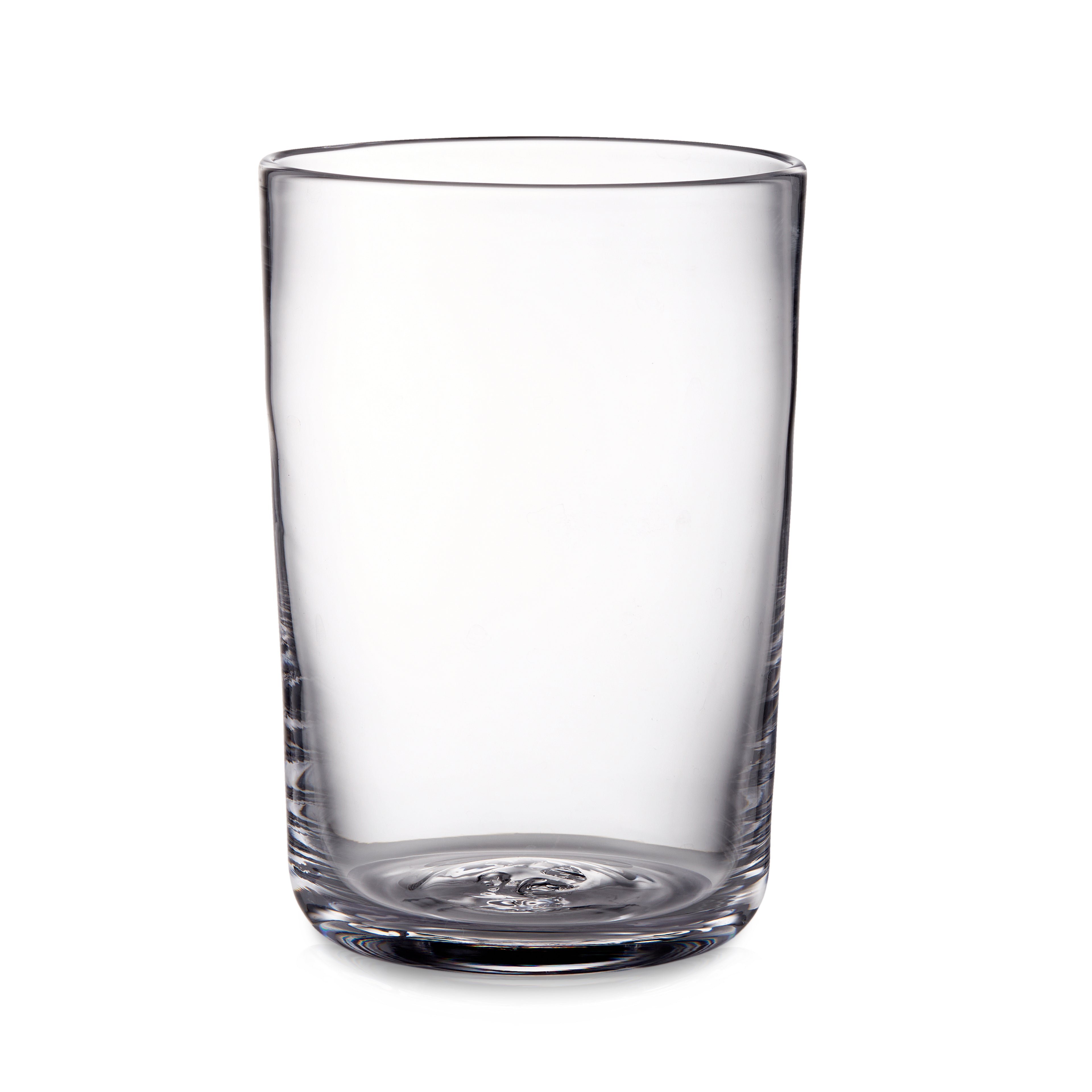 Clear glass tumbler with straight sides and rounded rim, textured base detail visible.