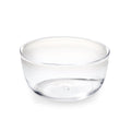 Clear glass bowl with wide rim and curved sides, shown from front angle.