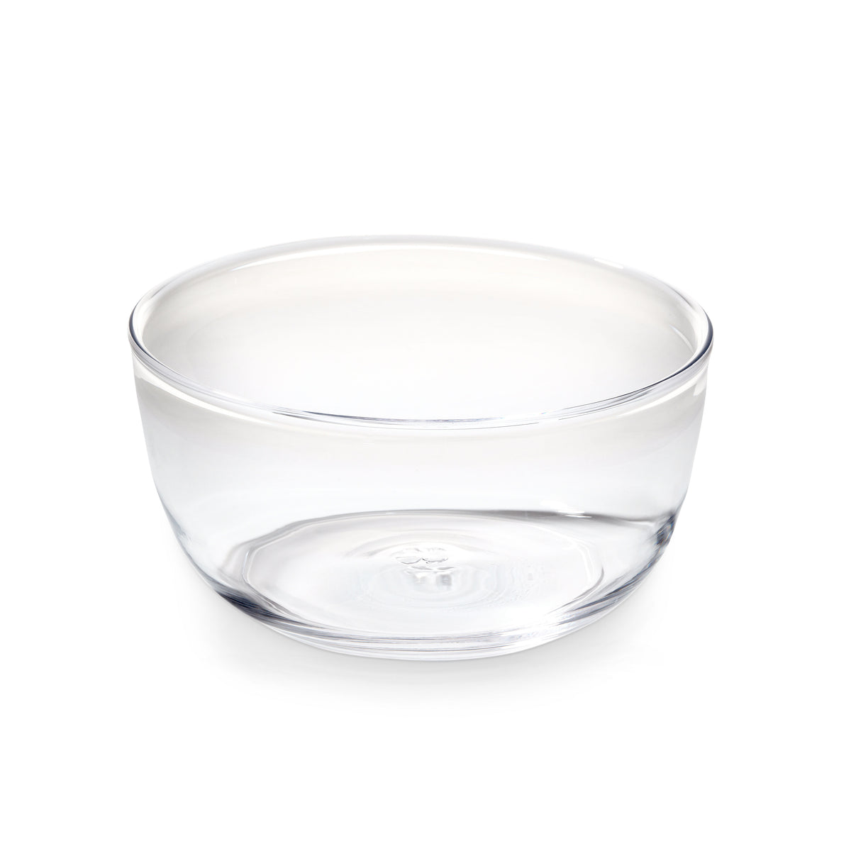 Clear glass bowl with wide rim and curved sides, shown from front angle.