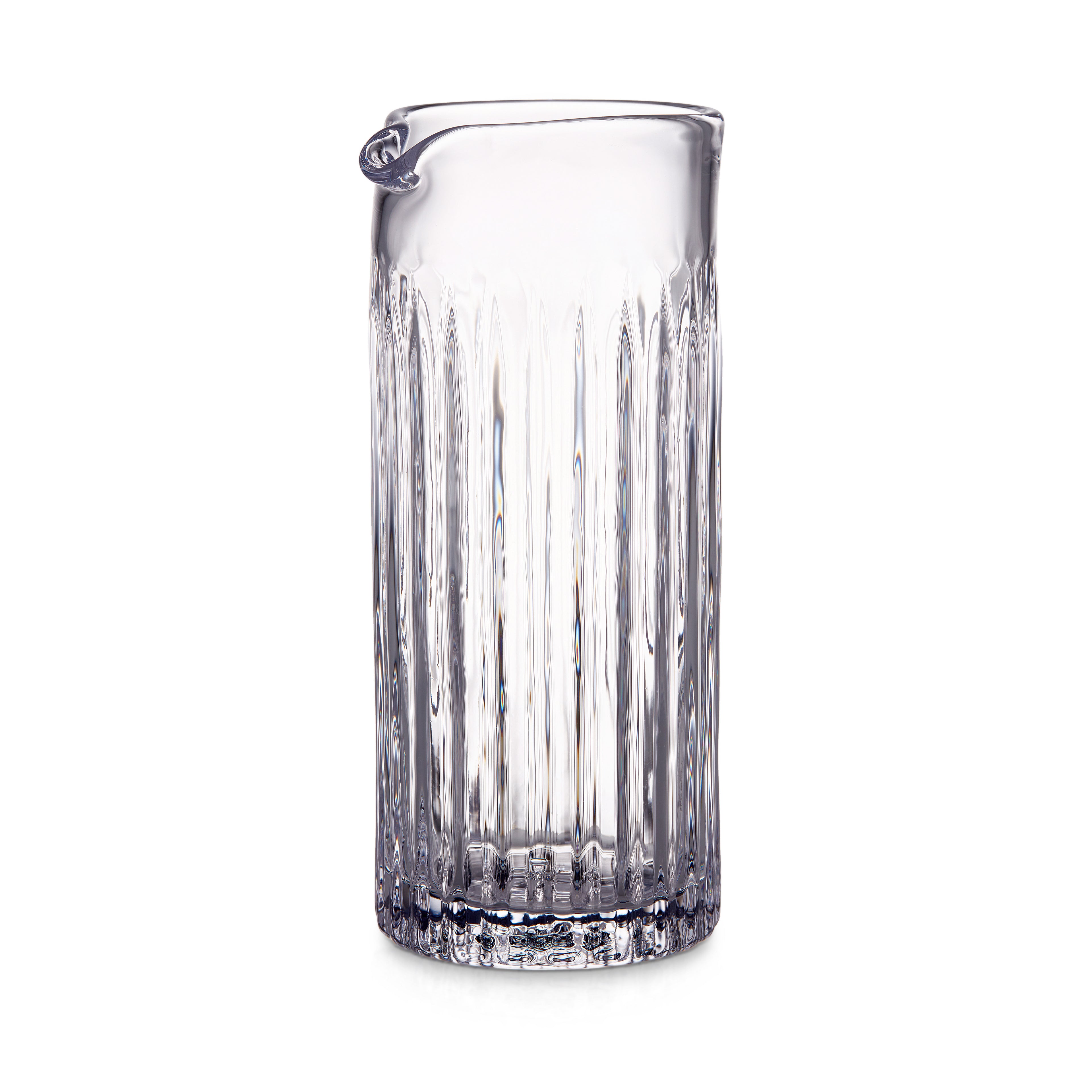 Clear glass bar pitcher with vertical ribbed pattern and pouring spout.