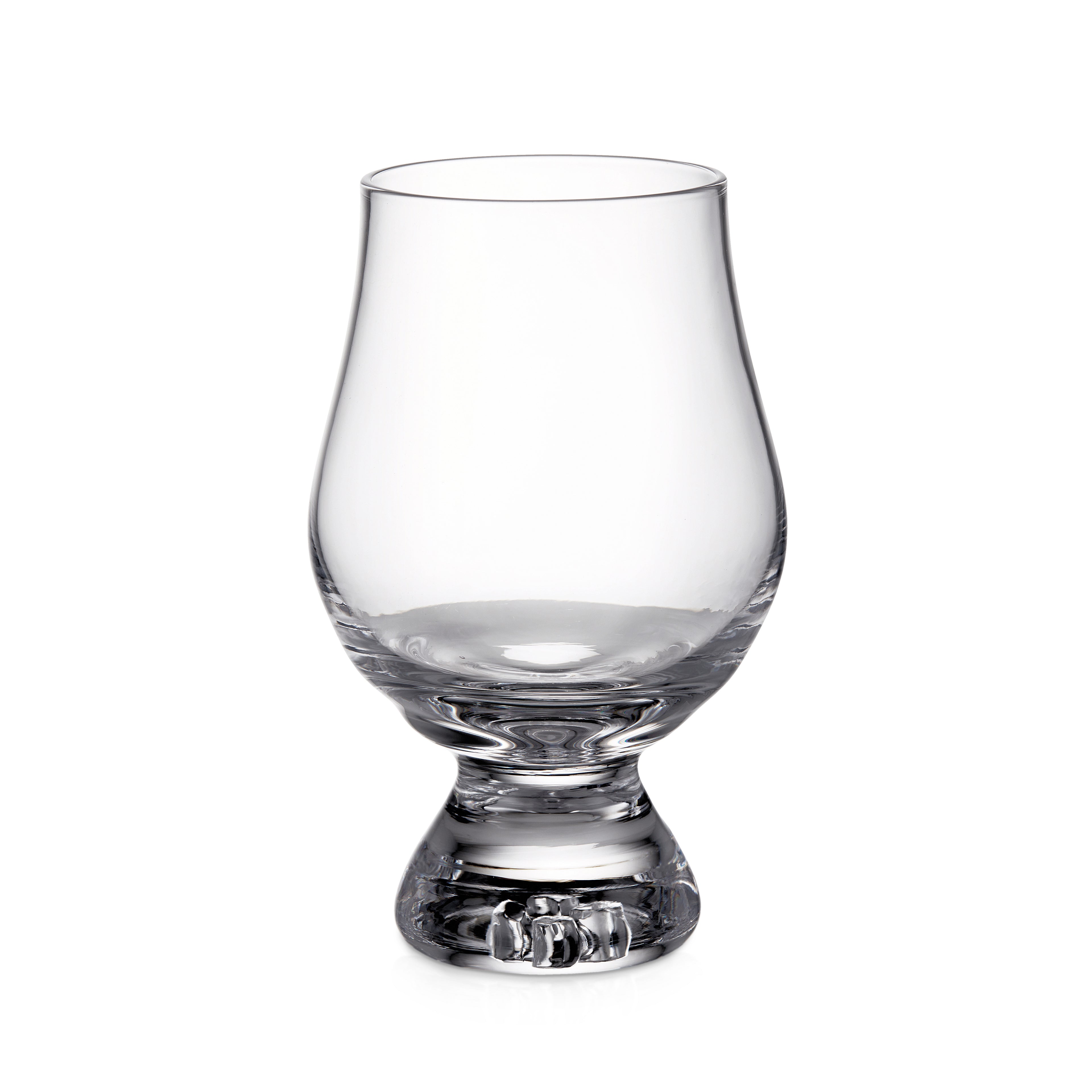 Clear glass tasting glass with tapered bowl and textured pedestal base.