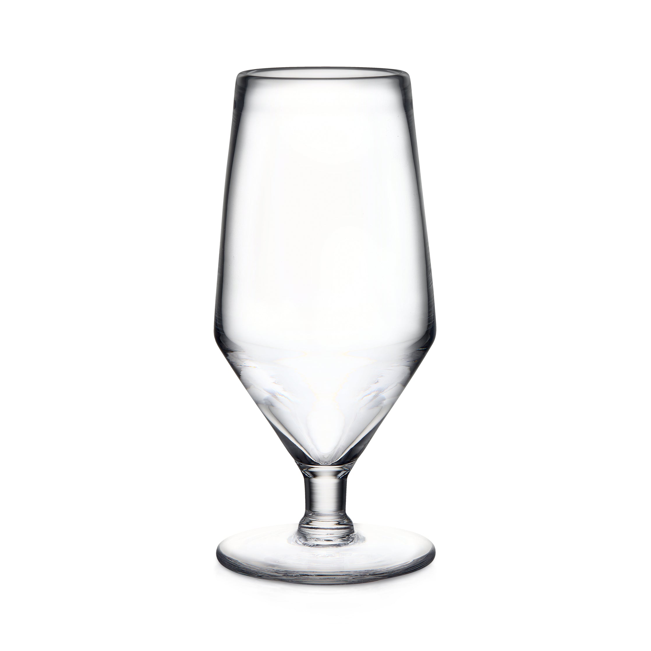 Clear glass beer glass with tapered bowl, narrow stem, and circular base.