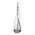 Tall clear glass vase with twisted evergreen tree silhouette and blue accent at base.