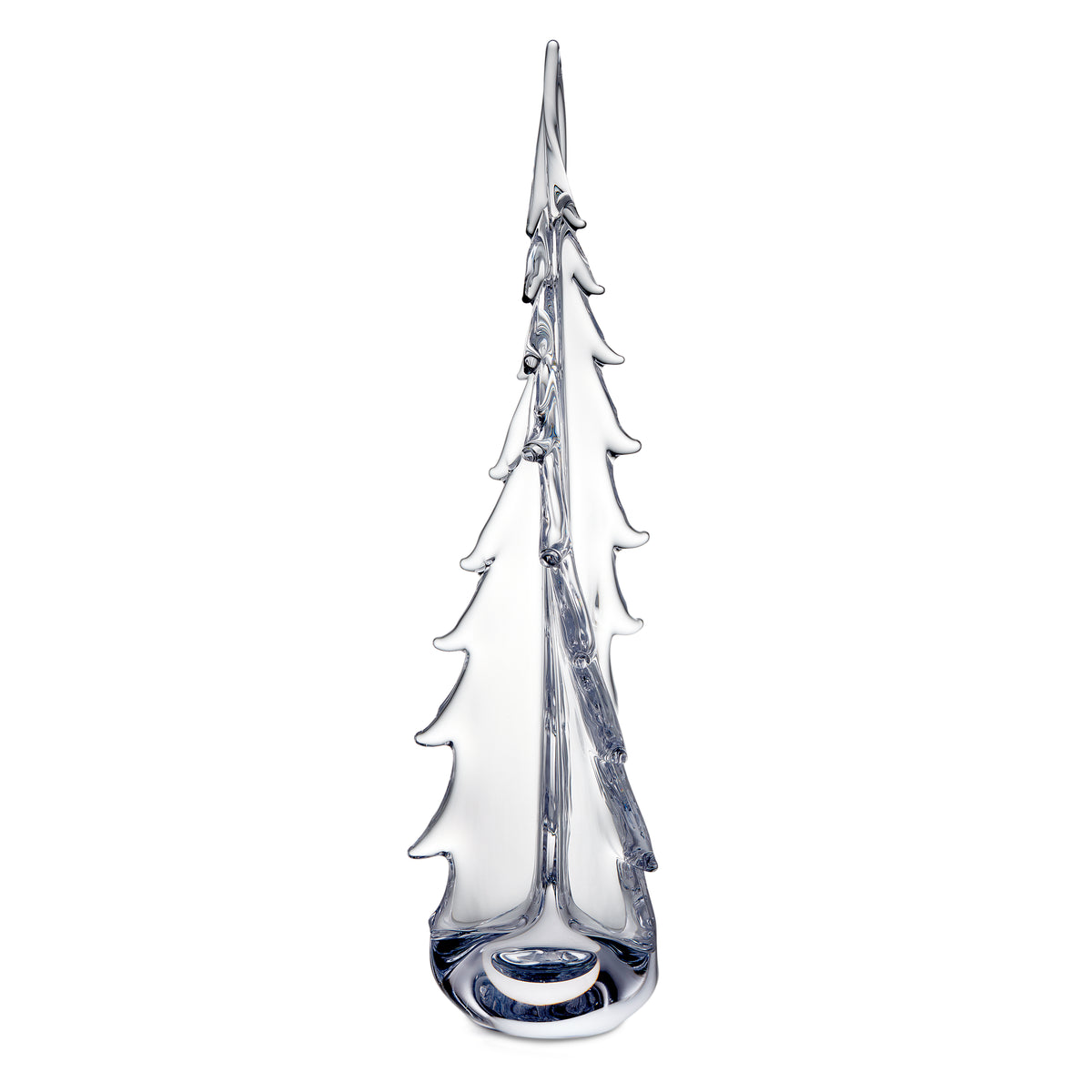 Tall clear glass vase with twisted evergreen tree silhouette and blue accent at base.