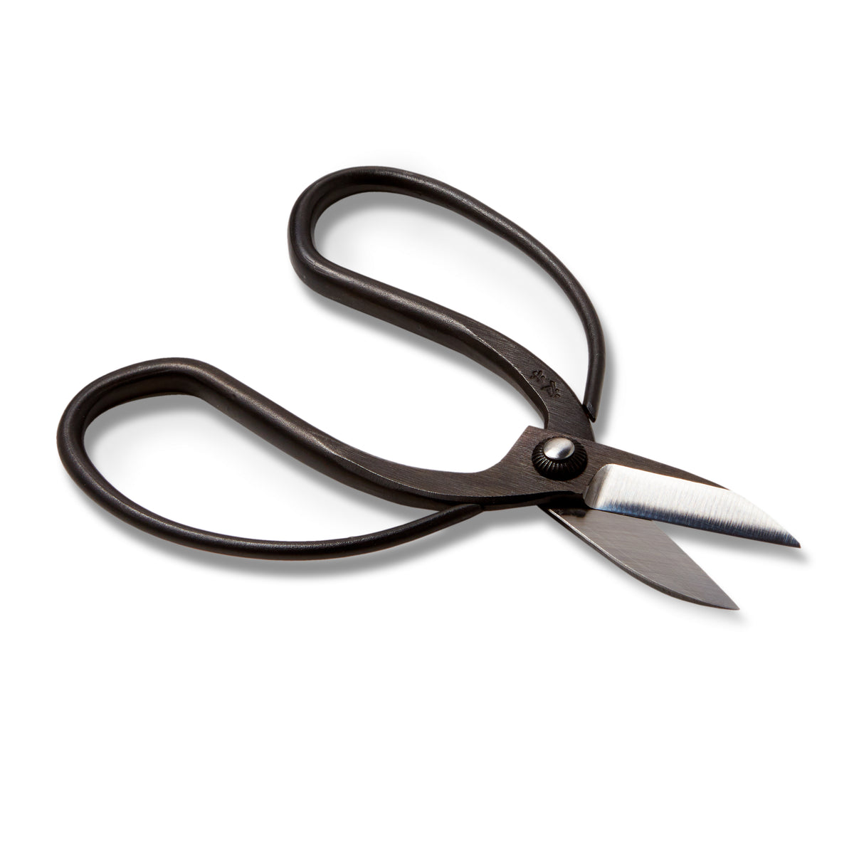Black garden scissors with curved handles and sharp stainless steel blades, viewed from above at an angle.