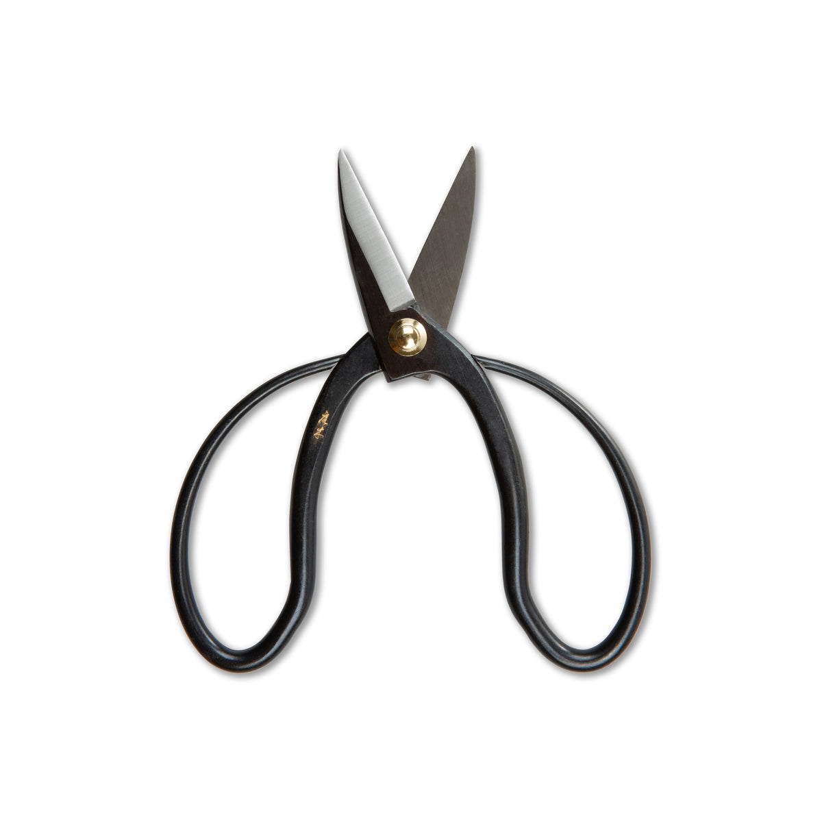 Black pruning scissors with pointed blades, curved handles, and brass pivot bolt against white background.