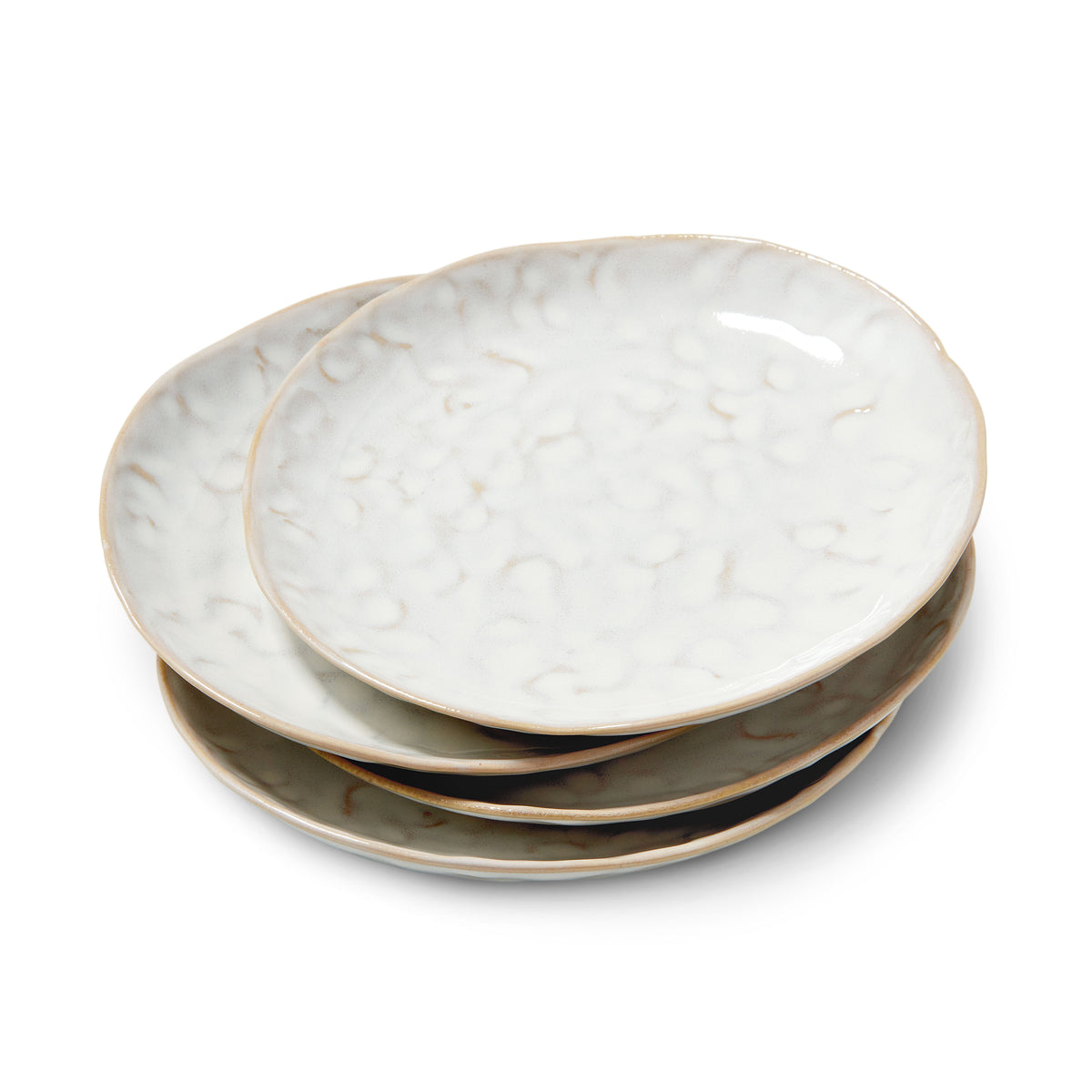 Four stacked white and gray appetizer plates with textured cloud-like surface and natural edge trim.