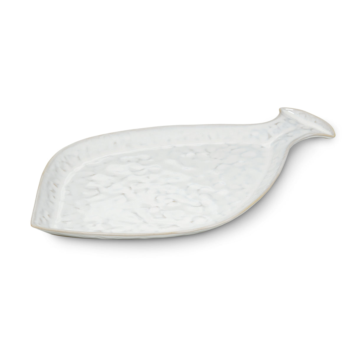 White fish-shaped ceramic platter with textured surface and raised rim.