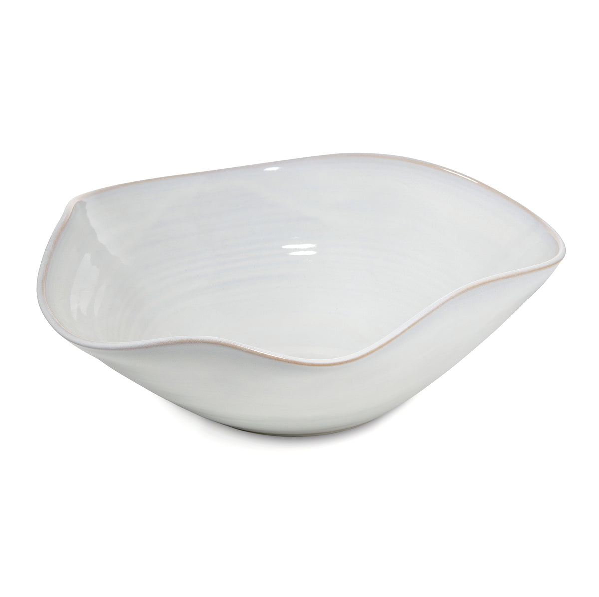 White ceramic centerpiece bowl with organic curved shape and subtle rim detail.
