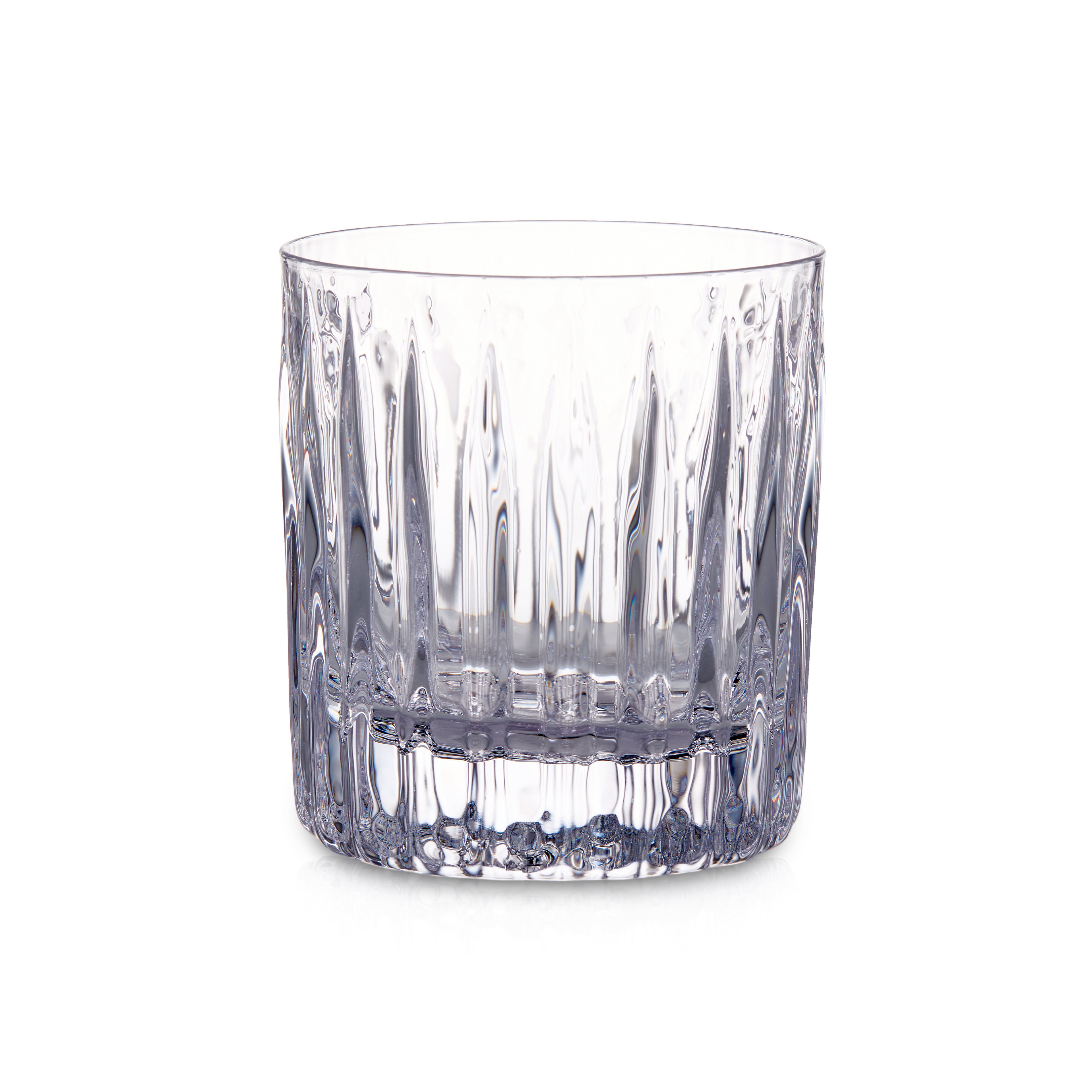 Clear double old-fashioned glass with vertical cut crystal pattern around the sides.
