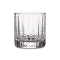 Clear glass lowball with textured vertical ridges and weighted base.