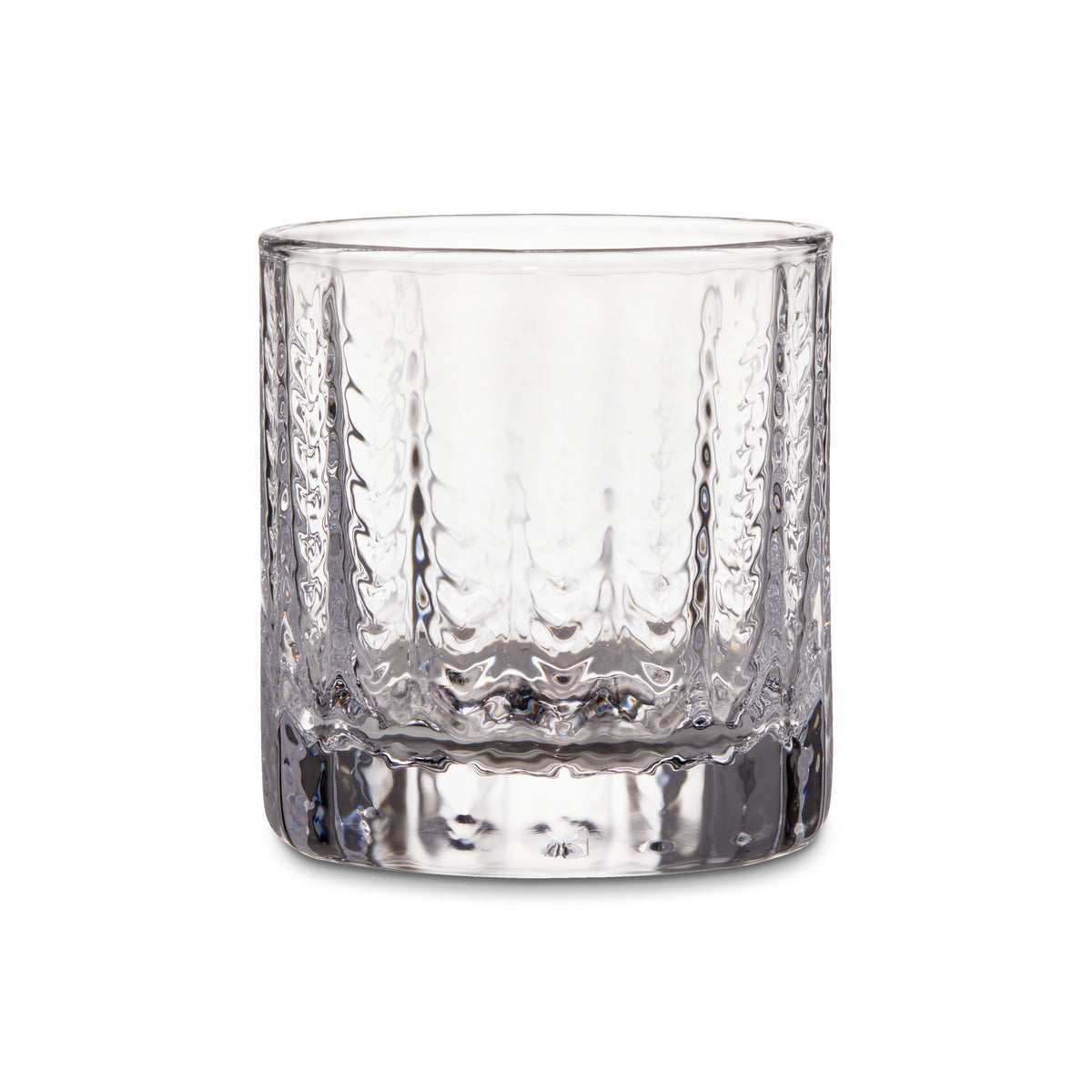 Clear glass lowball with textured vertical ridges and weighted base.