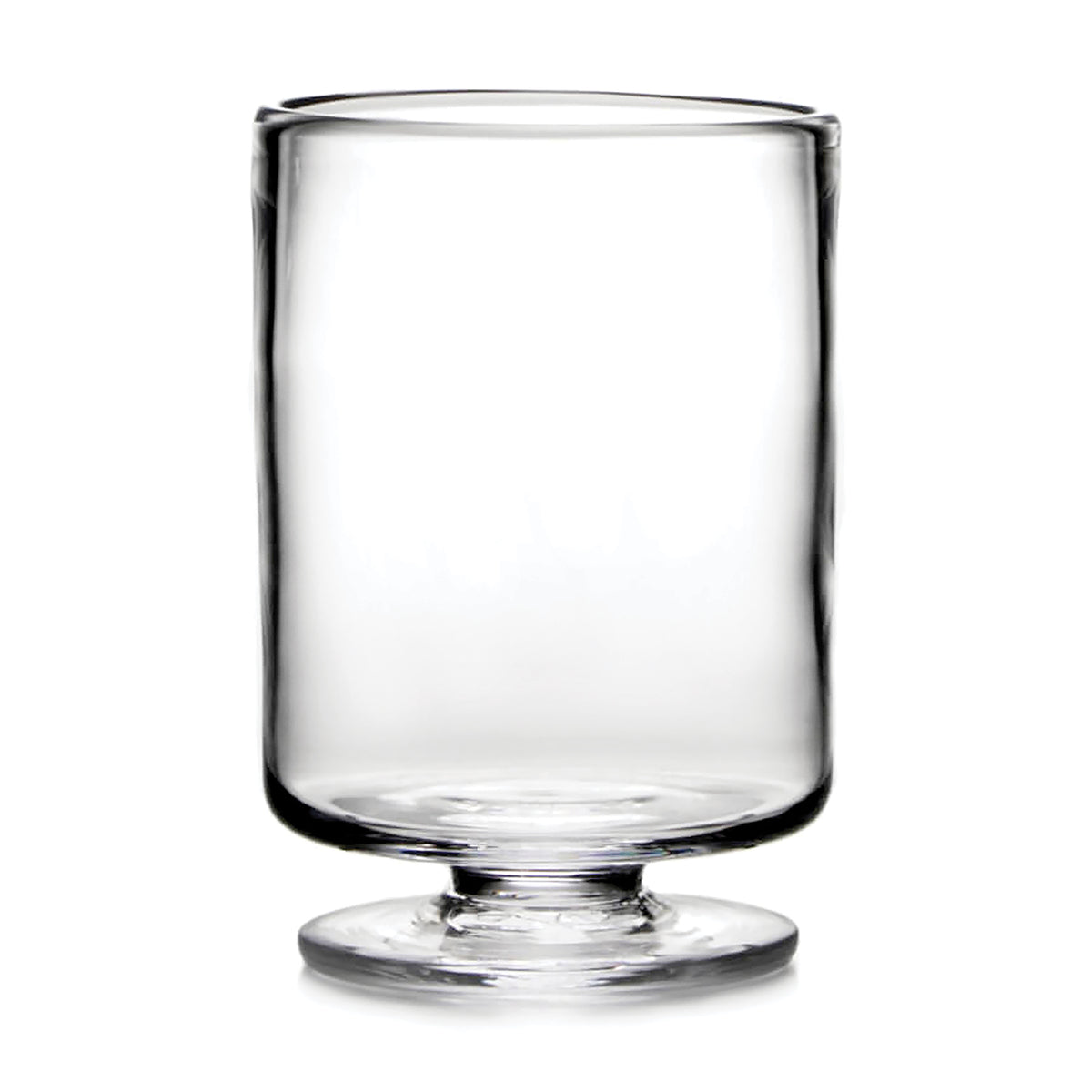 Clear glass hurricane vase with straight cylindrical sides and pedestal base.