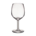 Clear glass wine glass with curved bowl, thin stem, and circular base on white background.