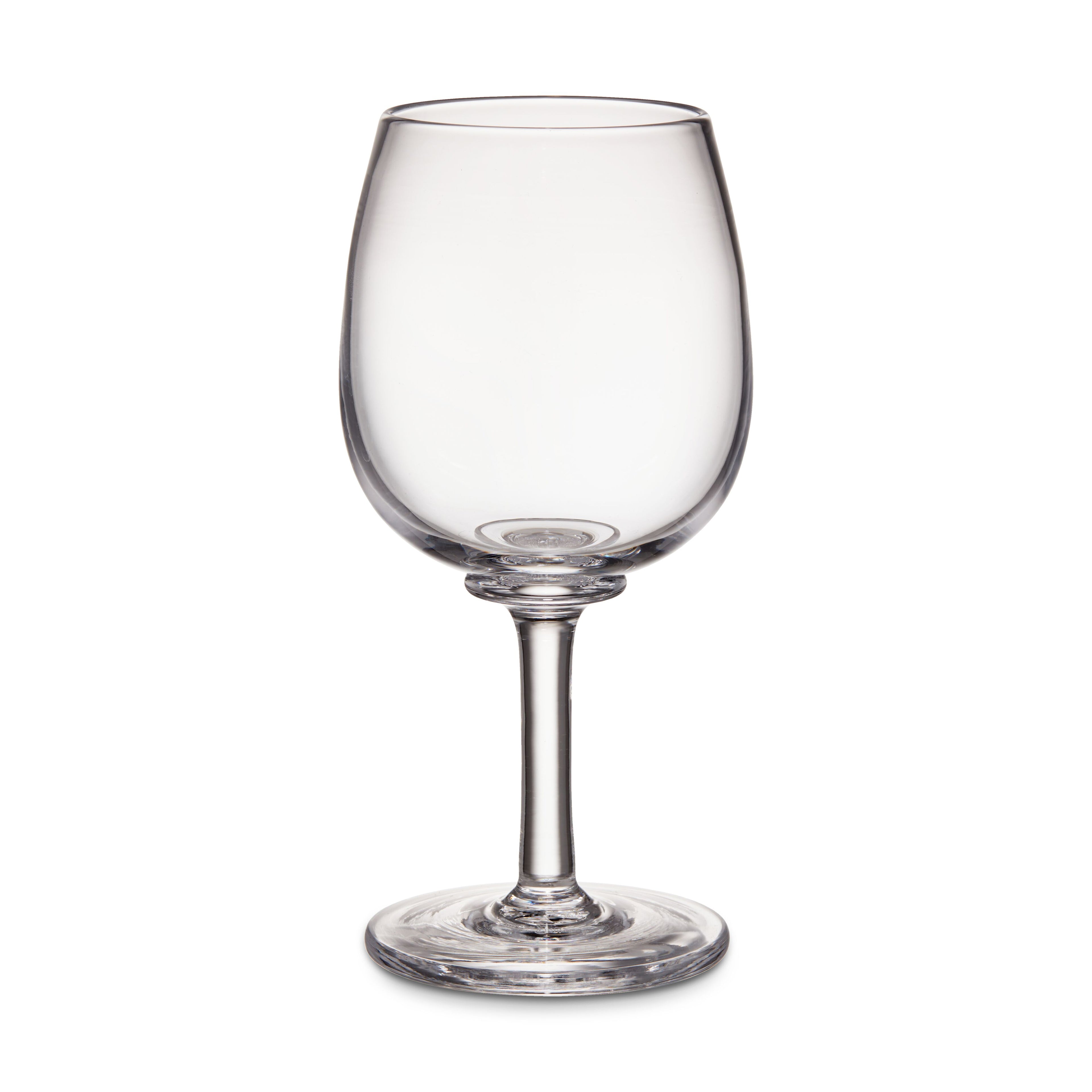 Clear glass wine glass with curved bowl, thin stem, and circular base on white background.