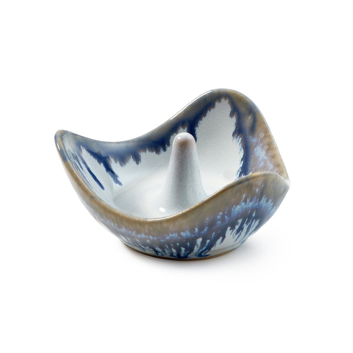 Curved ceramic ring holder with blue and white glaze, featuring a central cone post.