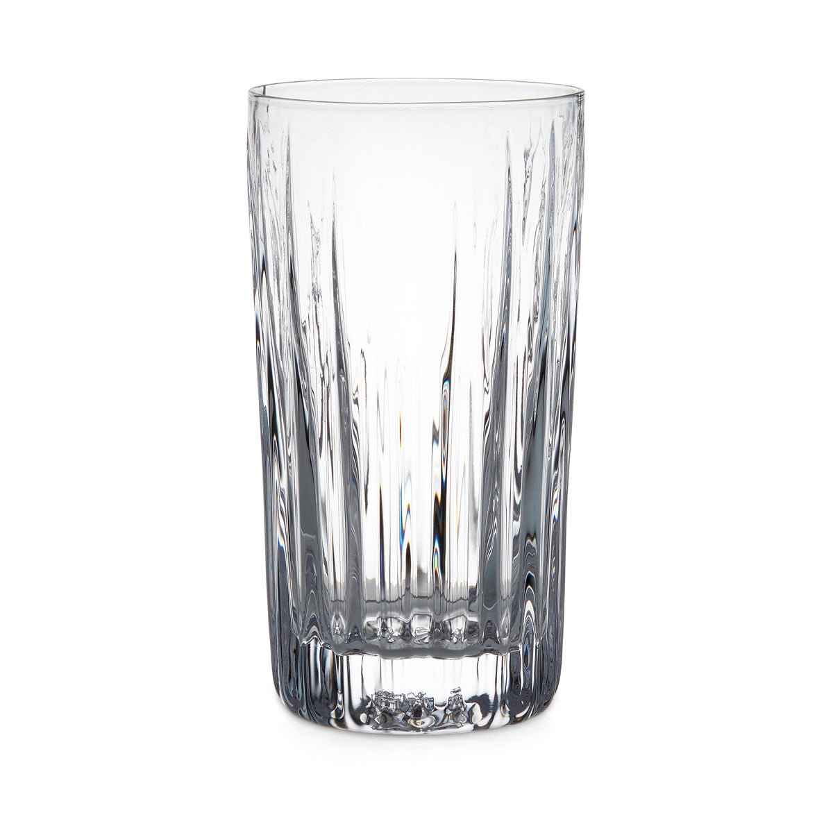 Clear highball glass with vertical ridged pattern and textured base.