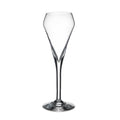 Clear glass flute with tapered bowl, long stem, and solid base on white background.