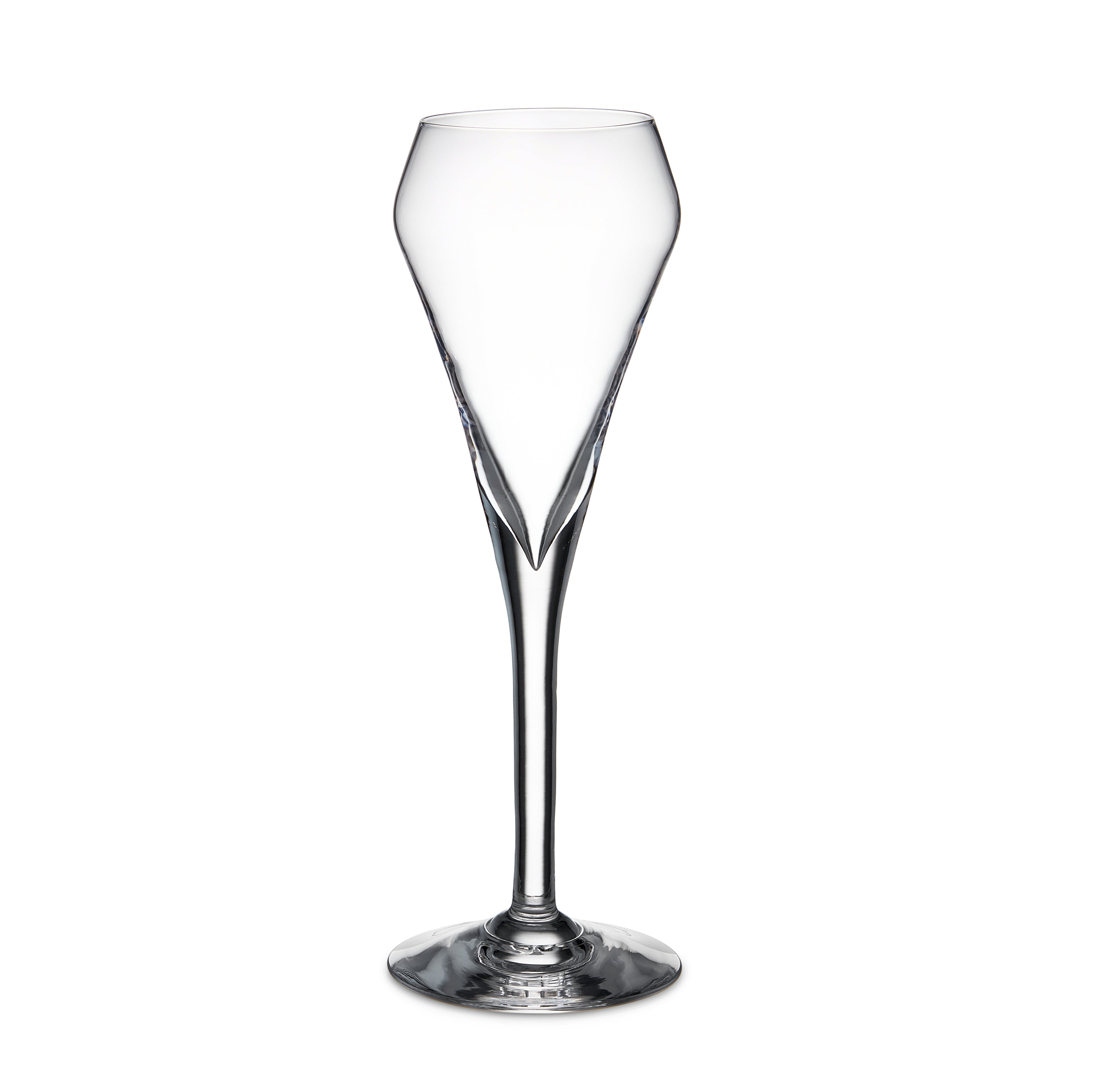 Clear glass flute with tapered bowl, long stem, and solid base on white background.