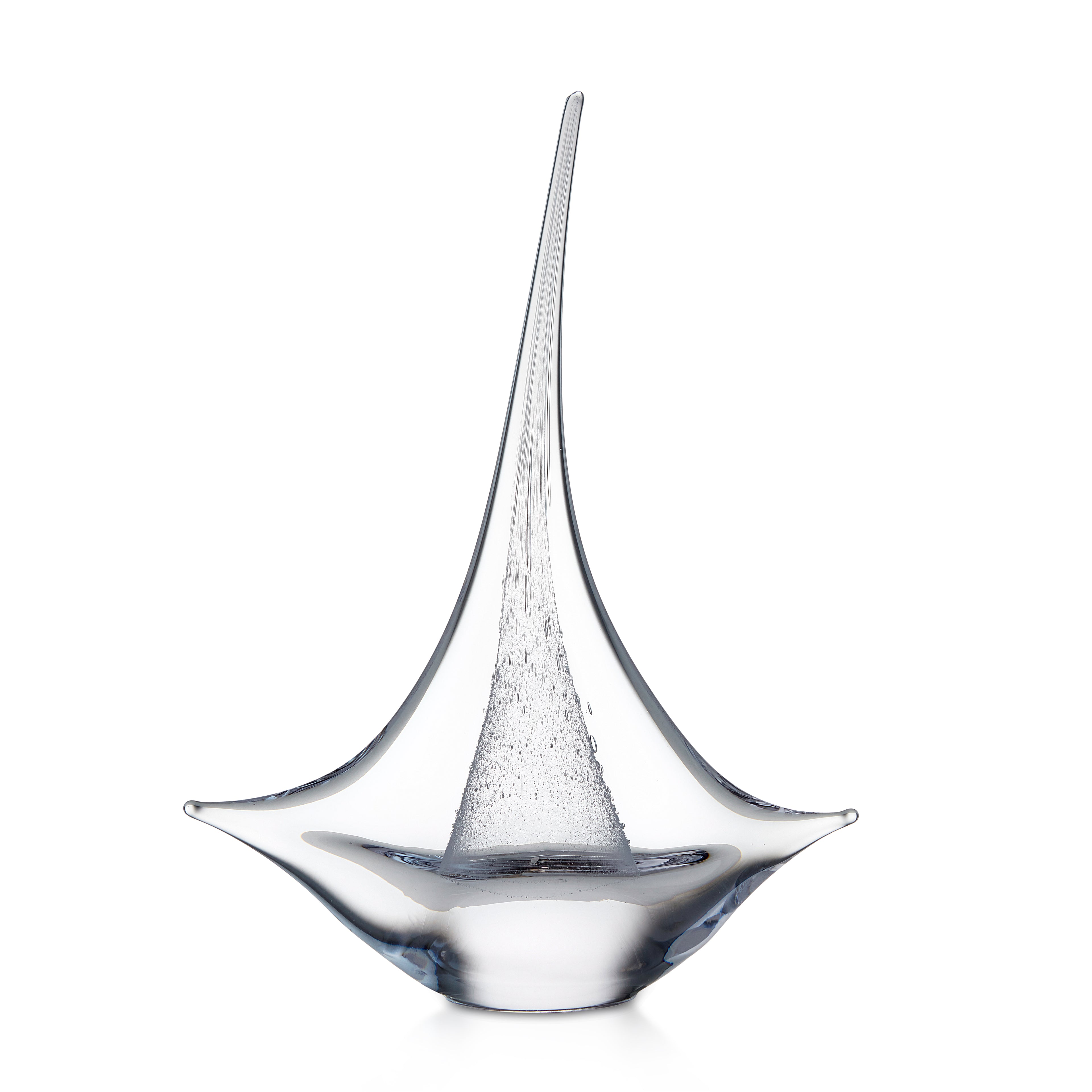 Clear glass sailboat sculpture with tall mast and curved hull base.