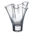 Clear glass vase with wavy ruffled rim and fluted petal-like sides.