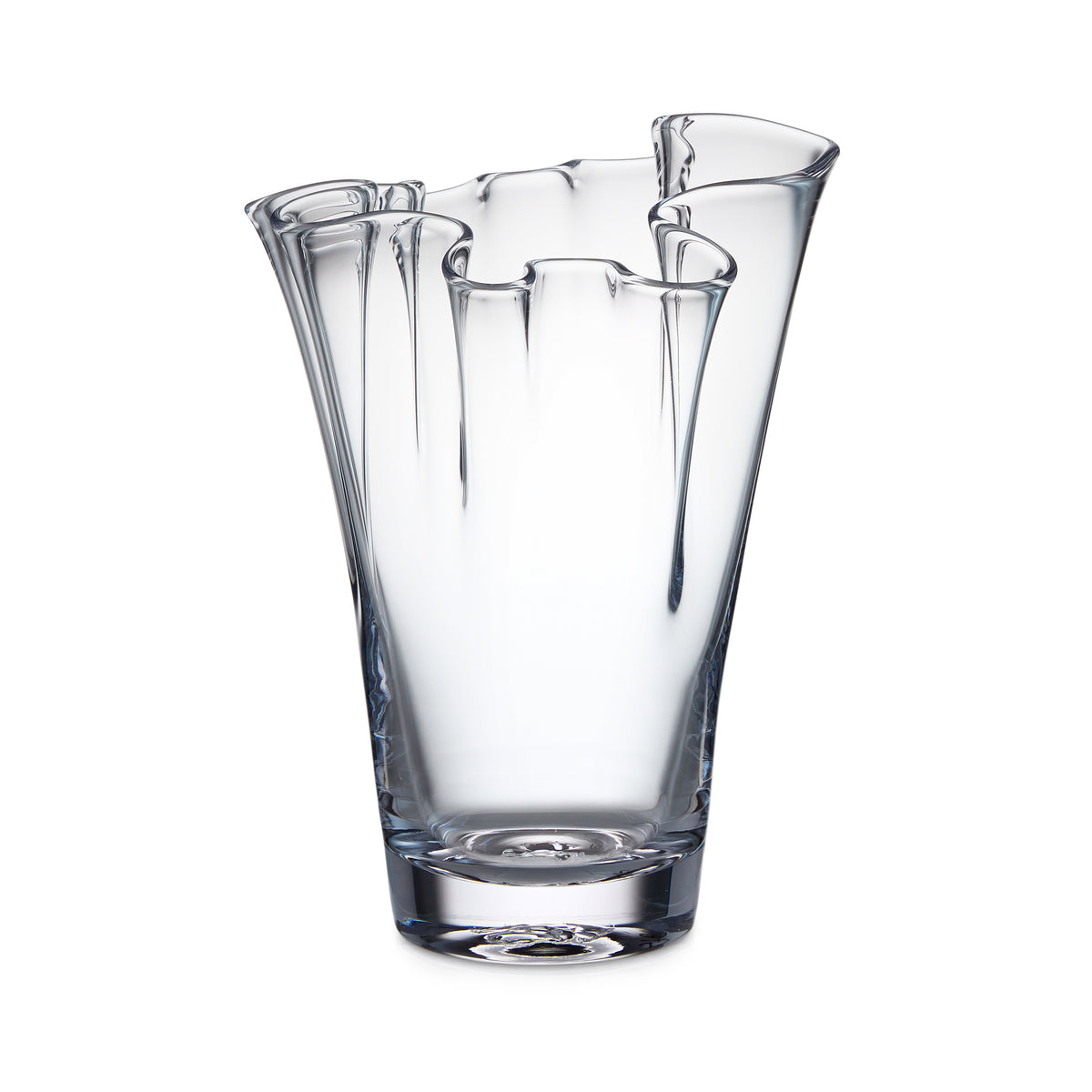 Clear glass vase with flared, wavy rim and tapered cylindrical body.