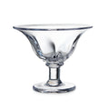 Clear glass dessert bowl with flared rim, pedestal base, and subtle curved details on the bowl sides.