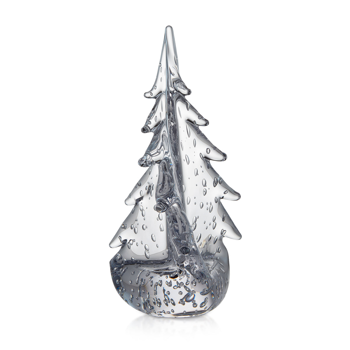 Clear glass evergreen tree figurine with twisted branches and bubble texture details throughout.