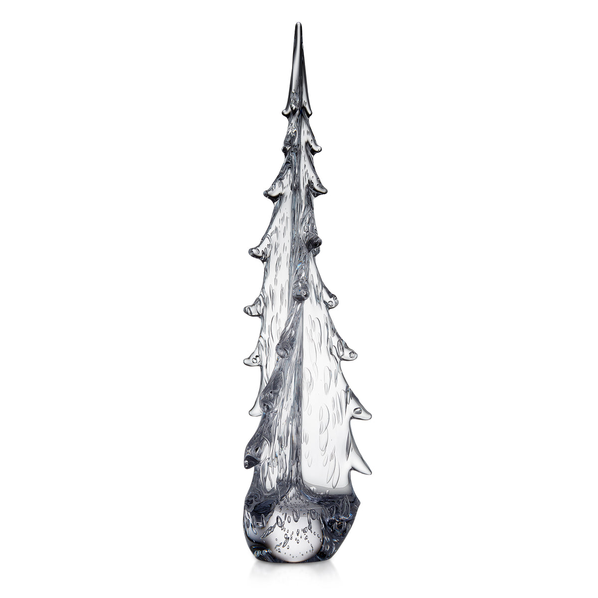 Tall glass evergreen tree sculpture with twisted bubble design and pointed top in gray and white tones.