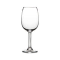 Empty clear wine glass with curved bowl, straight stem, and round base on white background.