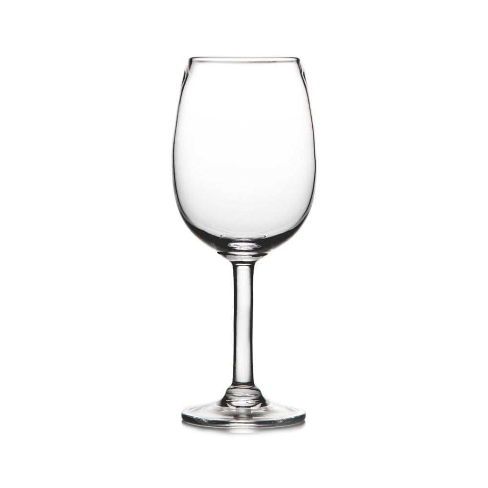 Empty clear wine glass with curved bowl, straight stem, and round base on white background.
