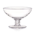 Clear glass serving dish with a wide shallow bowl, a patterned stem, and a round base, photographed on a white background.