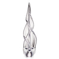 Tall silver spiral tree sculpture with three-sided twisted design and rounded base with blue accents.
