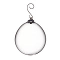 Clear glass round ornament with metal cap and curved hook hanger.