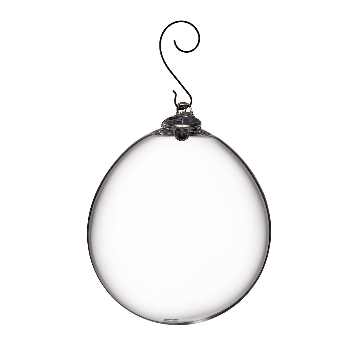 Clear glass round ornament with metal cap and curved hook hanger.