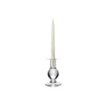 Clear glass candlestick with spherical base holding a tall tapered cream candle.