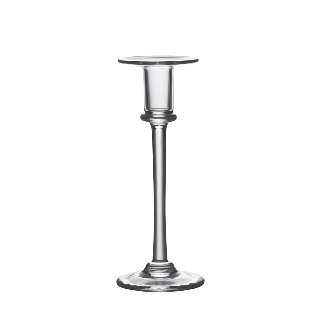 Clear glass candlestick with tapered stem, flat circular top, and round pedestal base.