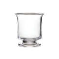 Clear glass hurricane vase with footed pedestal base and flared rim.