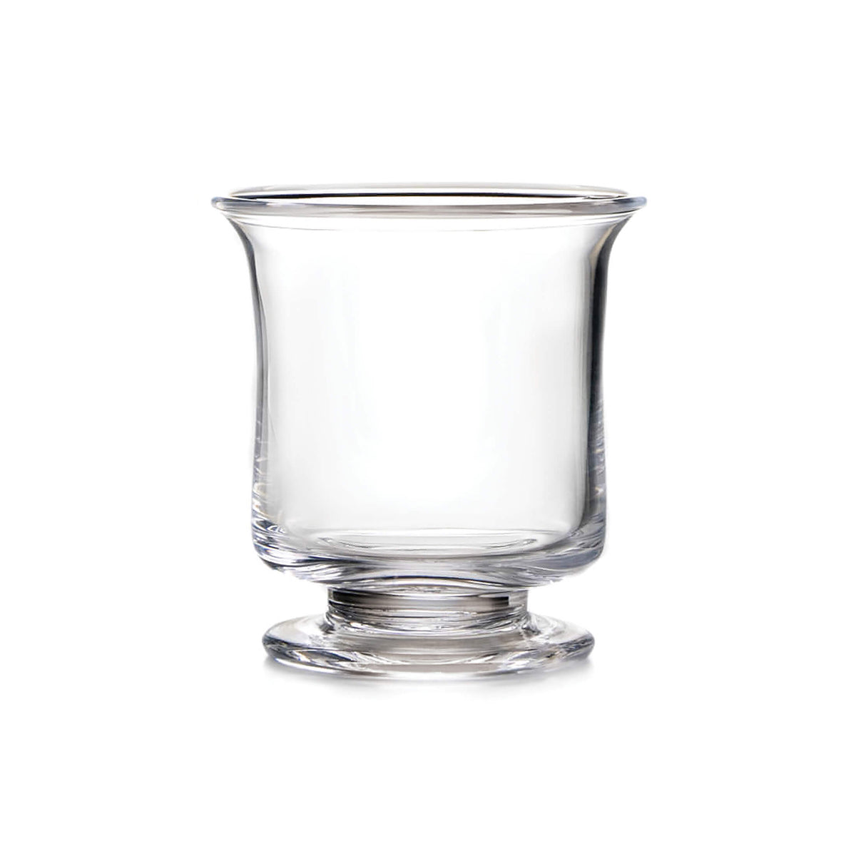 Clear glass hurricane vase with footed pedestal base and flared rim.