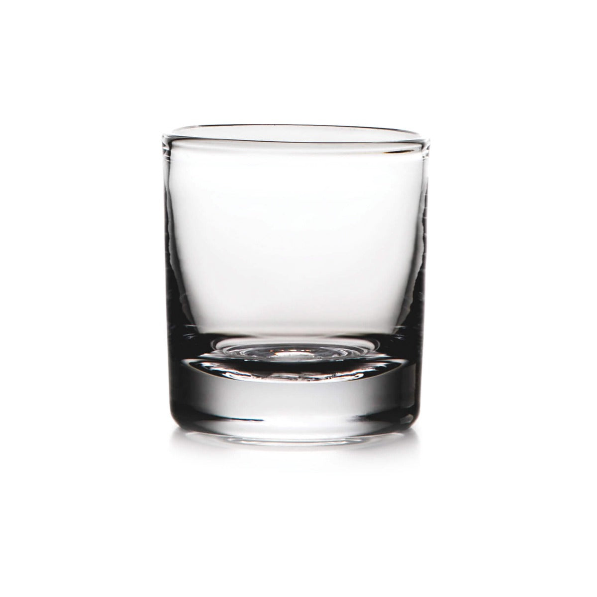 Clear glass double old-fashioned tumbler with thick base and tapered sides.