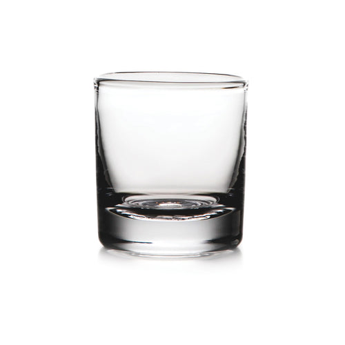 Clear glass double old-fashioned tumbler with thick base and weighted bottom.