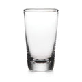 Clear glass pint glass with thick base and tapered cylindrical shape.