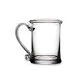 Clear glass tankard with curved handle and beaded rim.