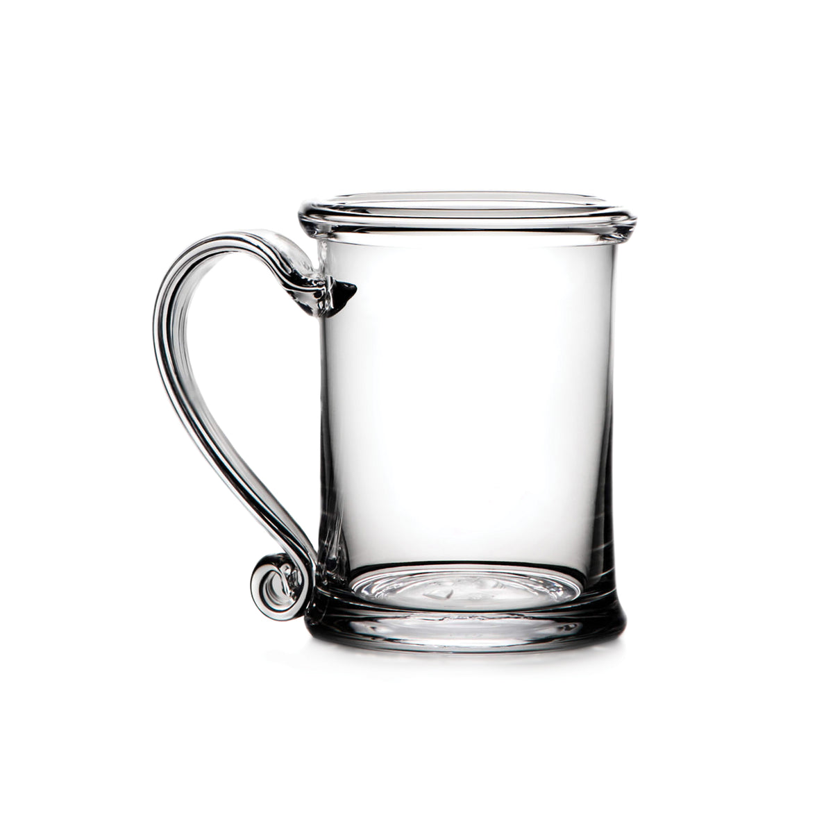 Clear glass tankard with curved handle and beaded rim.