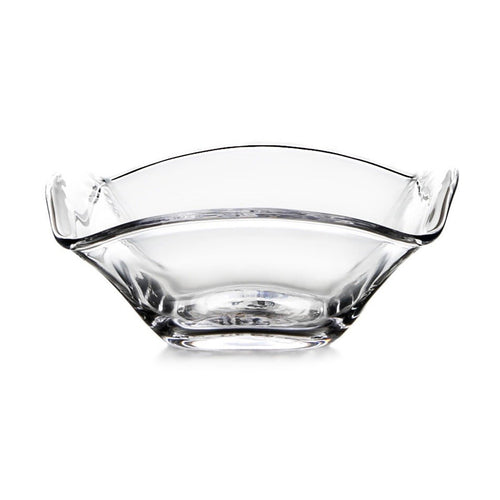 Clear glass bowl with curved wavy rim and wide mouth, viewed from front angle.