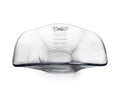 Large clear glass bowl with curved rim and engraved wedding invitation text and floral design on interior.