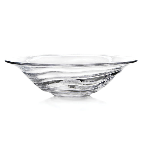 Clear glass bowl with wide shallow form and swirled pattern detail throughout.