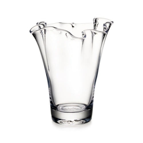 Clear glass vase with four flared petal-like handles at the rim and a rounded base.
