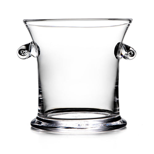 Clear glass ice bucket with decorative scrolled handles on each side.
